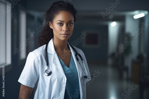 Pretty african american woman doctor with white coat and a stethoscope on his shoulder standing on a hospital corridor