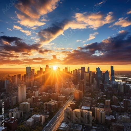 a city skyline at sunrise, showcasing the vibrancy and excitement of modern urban life.