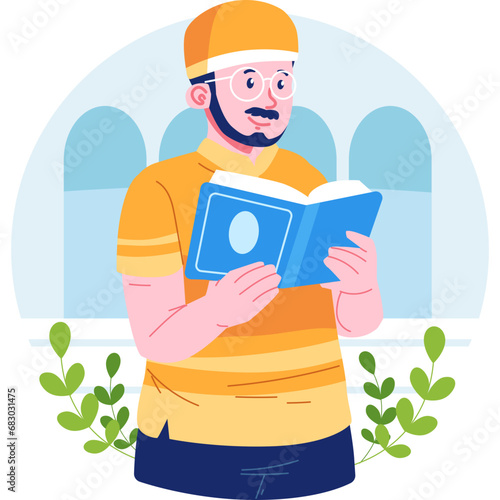 A dignified Muslim man vector character, exuding strength and grace in traditional Islamic attire, reflecting the values of faith, resilience, and cultural richness