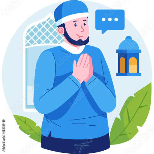 A dignified Muslim man vector character, exuding strength and grace in traditional Islamic attire, reflecting the values of faith, resilience, and cultural richness