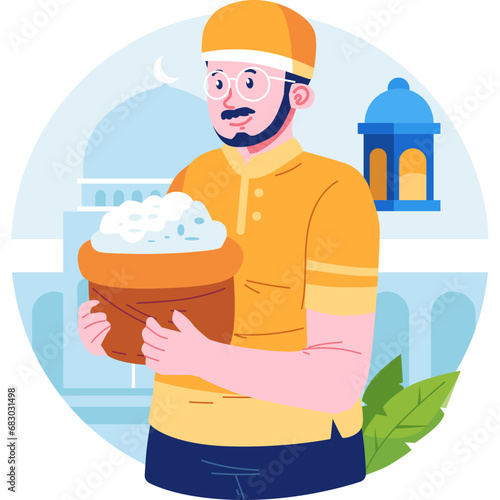 A dignified Muslim man vector character, exuding strength and grace in traditional Islamic attire, reflecting the values of faith, resilience, and cultural richness