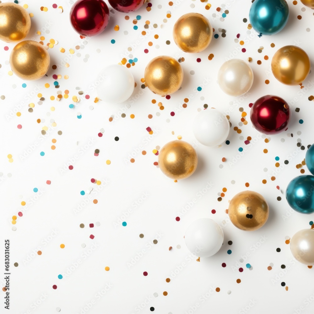 A festive and fun holiday scene with golden balls and colorful confetti against a white backdrop A festive and fun holiday scene with golden balls and colorful confetti against a white backdrop