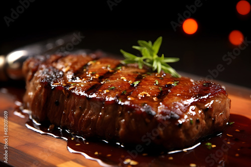Close up Steak with Juicy gravy sauce photo