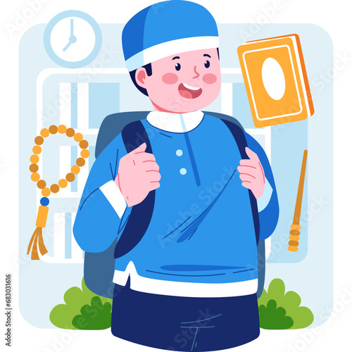 A cheerful Muslim boy vector character, dressed in comfortable and modest Islamic clothing, radiating youthful energy, innocence, and cultural diversity.