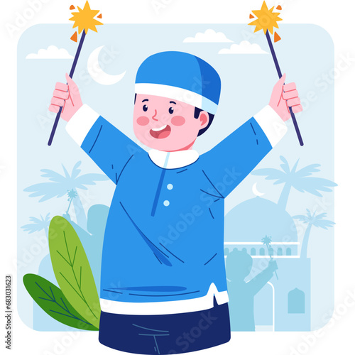 A cheerful Muslim boy vector character, dressed in comfortable and modest Islamic clothing, radiating youthful energy, innocence, and cultural diversity.