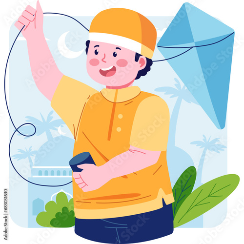 A cheerful Muslim boy vector character, dressed in comfortable and modest Islamic clothing, radiating youthful energy, innocence, and cultural diversity.