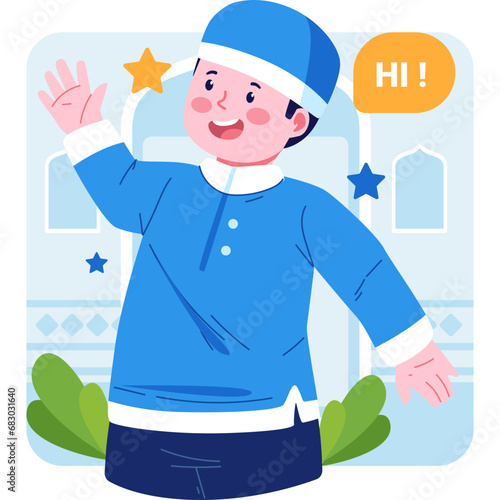 A cheerful Muslim boy vector character, dressed in comfortable and modest Islamic clothing, radiating youthful energy, innocence, and cultural diversity. photo
