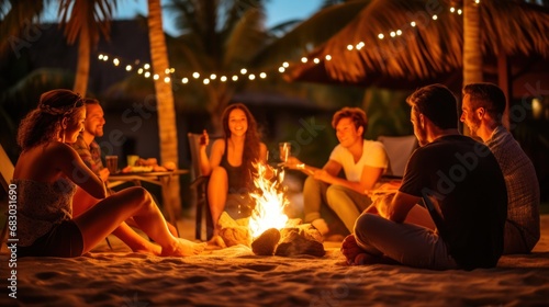 A group of people sitting on the sand around a bonfire, with palm trees and l...