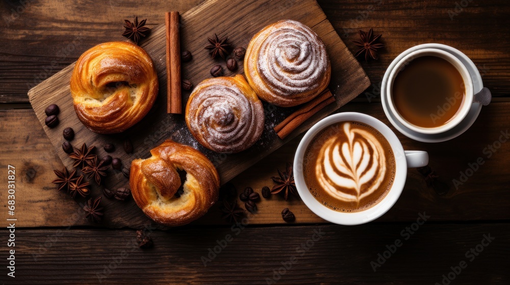 A flat lay of a wooden table with a variety of baked goods, including cinnamon rolls, muffins
