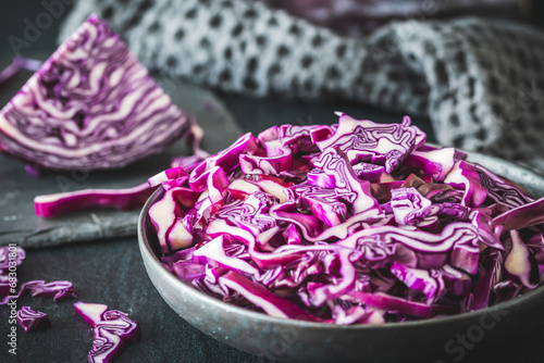 Wallpaper Mural Fresh red cabbage, cut into pieces and strips, on gray table Torontodigital.ca