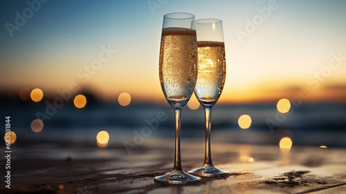 Photo of crystal champagne glasses filled with bubbling champagne. There are twinkling lights and festive decorations in the background