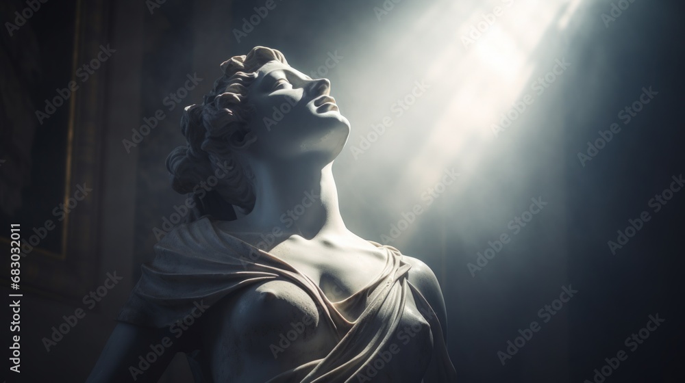 Ancient antique statue of female person in mystical haze on gloomy dark background, beautiful statue of young adult woman in aura of beauty and mystery in timeless allure