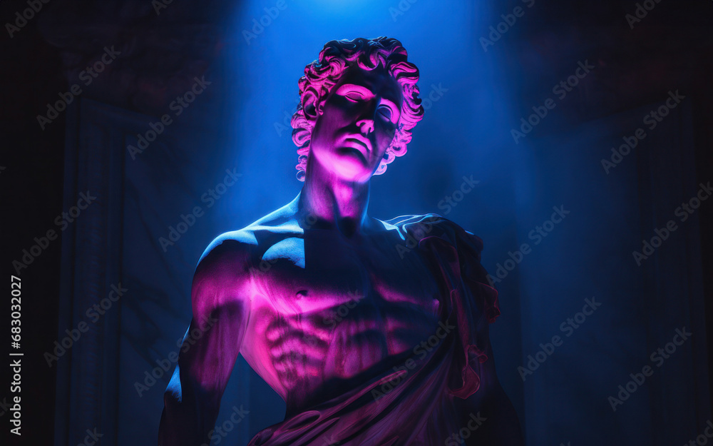 Ancient antique statue of male person in mystical neon glow haze, gloomy dark background, beautiful statue of young adult man in aura of beauty and mystery in timeless allure Ancient antique statue of male person in mystical neon glow haze, gloomy dark background, beautiful statue of young adult man in aura of beauty and mystery in timeless allure