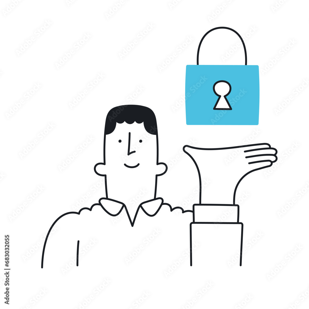Man presenting a lock icon. Security system, internet safety, password manager, security solution. Outline, linear, thin line, doodle art. Simple style with editable stroke. Man presenting a lock icon. Security system, internet safety, password manager, security solution. Outline, linear, thin line, doodle art. Simple style with editable stroke.