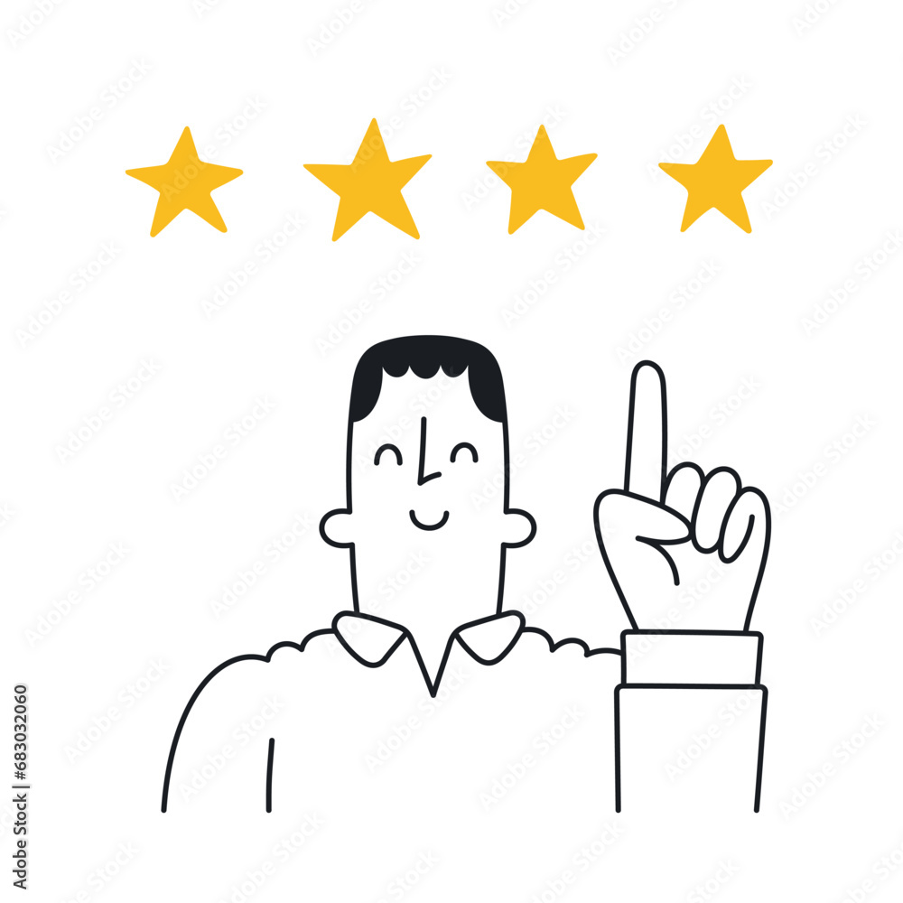 Happy guy pointing at full star rating. Positive review, favorable evaluation. Stock growth, good investment, value increase. Outline, linear, thin line, doodle art. Simple style with editable stroke. Happy guy pointing at full star rating. Positive review, favorable evaluation. Stock growth, good investment, value increase. Outline, linear, thin line, doodle art. Simple style with editable stroke.