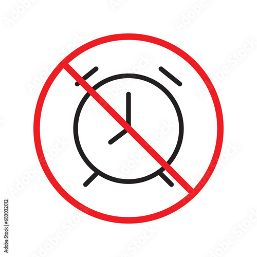 Forbidden clock vector icon. Warning, caution, attention, restriction, label, ban, danger. No alarm clock flat sign design pictogram symbol. No clock icon