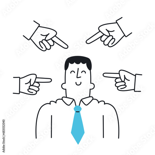 Happy man surrounded by hands pointing at him with fingers. Amazing confidence, carefree person, positive carelessness, . Outline, linear, thin line, doodle art. Simple style with editable stroke.