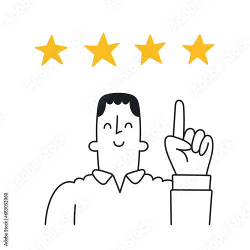 Happy guy pointing at full star rating. Positive review, favorable evaluation. Stock growth, good investment, value increase. Outline, linear, thin line, doodle art. Simple style with editable stroke.