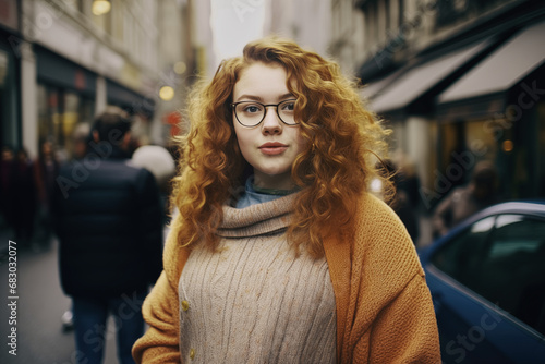 Junge Frau mit roten Haaren und Brille steht auf einer belebten Strasse