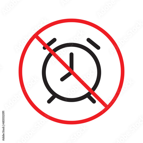 Forbidden clock vector icon. Warning, caution, attention, restriction, label, ban, danger. No alarm clock flat sign design pictogram symbol. No clock icon