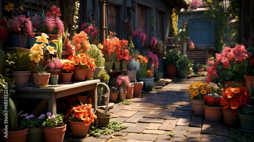 Flowers in pots on the terrace of an old house.