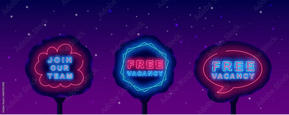 Free vacancy neon street billboards pack. Glowing outdoor advertising. Join our team. Vector stock illustration