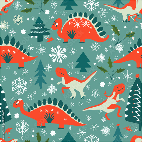 Vector christmas pattern with cartoon dinosaurs  snowflakes  christmas tree and  stars on a blue background.  2024 new year fashion ornament for fabric  paper  textiles  notepad  children clothing.