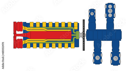 Reciprocating engine and compressor color drawing showing a four (4) throw balanced-opposed API-11P frame driven by a 16 cylinder reciprocating internal combustion engine in natural gas service