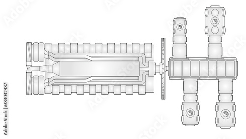 Reciprocating engine and compressor drawing showing a four (4) throw balanced-opposed API-11P frame driven by a 16 cylinder reciprocating internal combustion engine in natural gas service photo