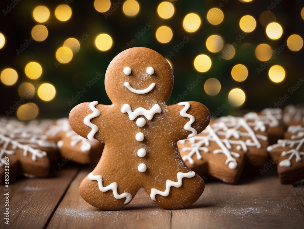 Gingerbread on Wooden Table Festive Background