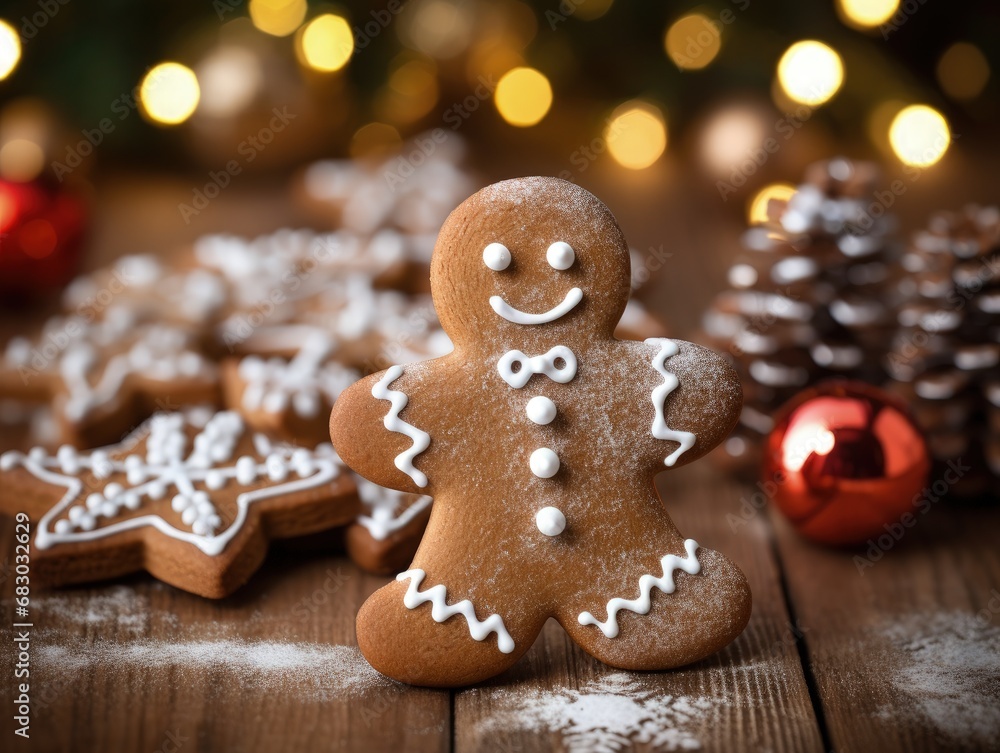 Gingerbread on Wooden Table Festive Background