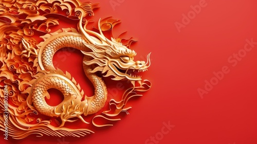 Flat lay of golden chinese dragon with red background for chinese new year concept. copy space