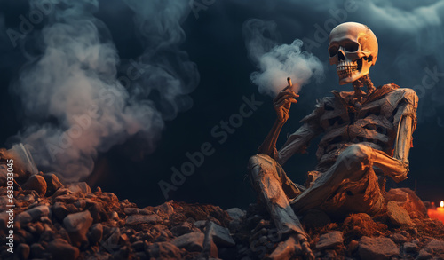 Skull sitting on a rock and smoking a cigarette.