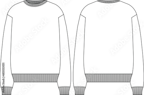 round neck long sleeve ribbed sweater sweatshirt template technical drawing flat sketch fashion woman mockup cad