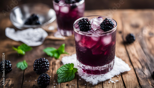 Glass of Purple Cocktail garnished with fresh mint and blackberries.