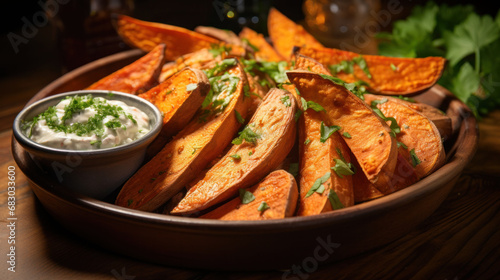 Seasoned sweet potato wedges served with a cool herb dip, a perfect blend of spicy and creamy flavors.