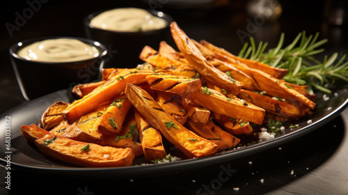 Crispy sweet potato fries seasoned with fine herbs, served with dip on a modern black plate for an elegant snack.