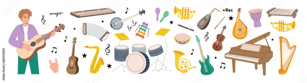Set of musical instrument. Musical school banner. Tuba, trumpet, drum flute, french horn, violin, electric bass guitar, acoustic guitar Set of musical instrument. Musical school banner. Tuba, trumpet, drum flute, french horn, violin, electric bass guitar, acoustic guitar