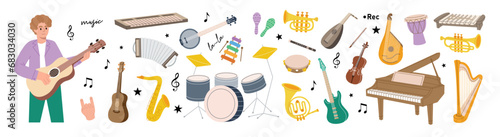 Set of musical instrument. Musical school banner. Tuba, trumpet, drum flute, french horn, violin, electric bass guitar, acoustic guitar