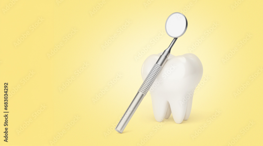 Tooth and dental mirror. Yellow background. Copy space. 3d render Tooth and dental mirror. Yellow background. Copy space. 3d render
