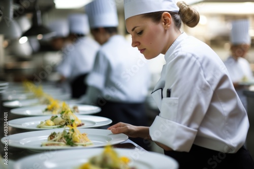 Master chef cook woman hands precisely cooking dressing preparing tasty fresh delicious mouthwatering gourmet dish food on plate customers 5-star michelin restaurant kitchen close-up detailed artwork