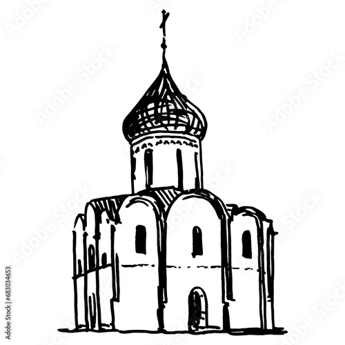 Cathedral of the Transfiguration of the Saviour in Pereslavl-Zalessky. Spaso-Preobrazhenskiy Sobor. Old Russian Orthodox temple. Hand drawn doodle rough sketch. Black and white silhouette. photo