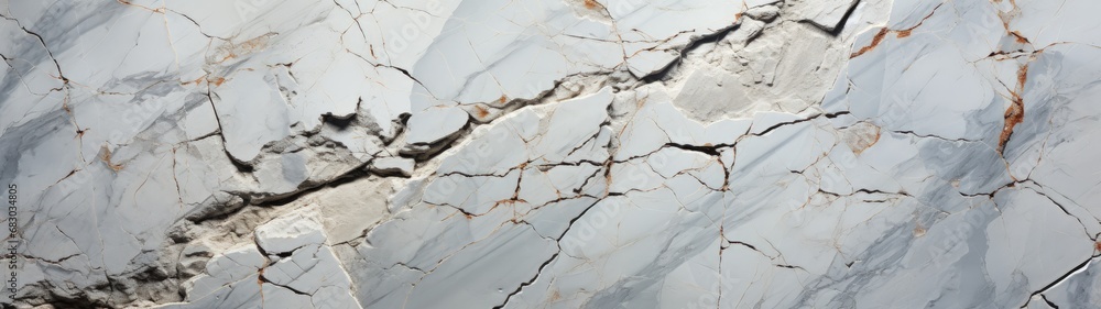 Elegant White Marble Slab with Grey and Brown Veining and Cracks Elegant White Marble Slab with Grey and Brown Veining and Cracks