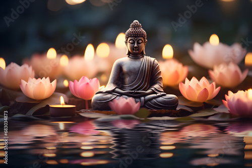 Background of buddha purnima vesak day with buddha statue  lotus flower  and candle light by the river 