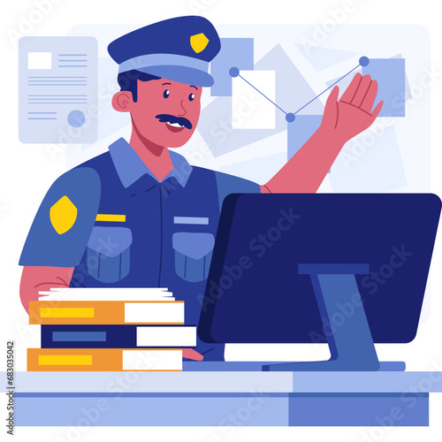 A police vector character illustration embodies law enforcement authority, often depicted in a uniform with a badge and other official gear, symbolizing a commitment to maintaining order and safety