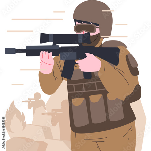 A soldier vector character illustration embodies the strength and discipline of a military professional, often depicted in uniform with weaponry and a resolute demeanor, symbolizing dedication to duty