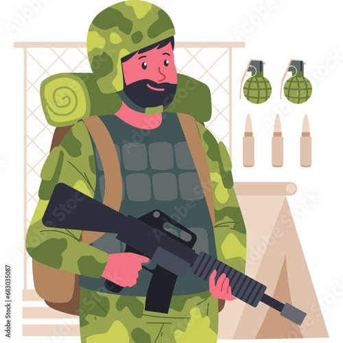 A soldier vector character illustration embodies the strength and discipline of a military professional, often depicted in uniform with weaponry and a resolute demeanor, symbolizing dedication to duty