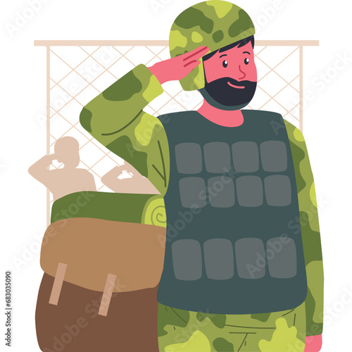 A soldier vector character illustration embodies the strength and discipline of a military professional, often depicted in uniform with weaponry and a resolute demeanor, symbolizing dedication to duty