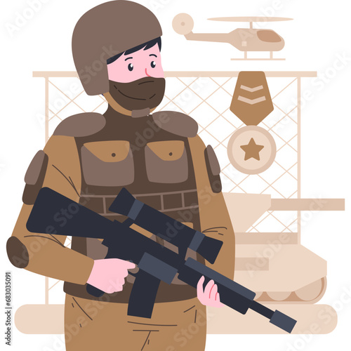 A soldier vector character illustration embodies the strength and discipline of a military professional, often depicted in uniform with weaponry and a resolute demeanor, symbolizing dedication to duty