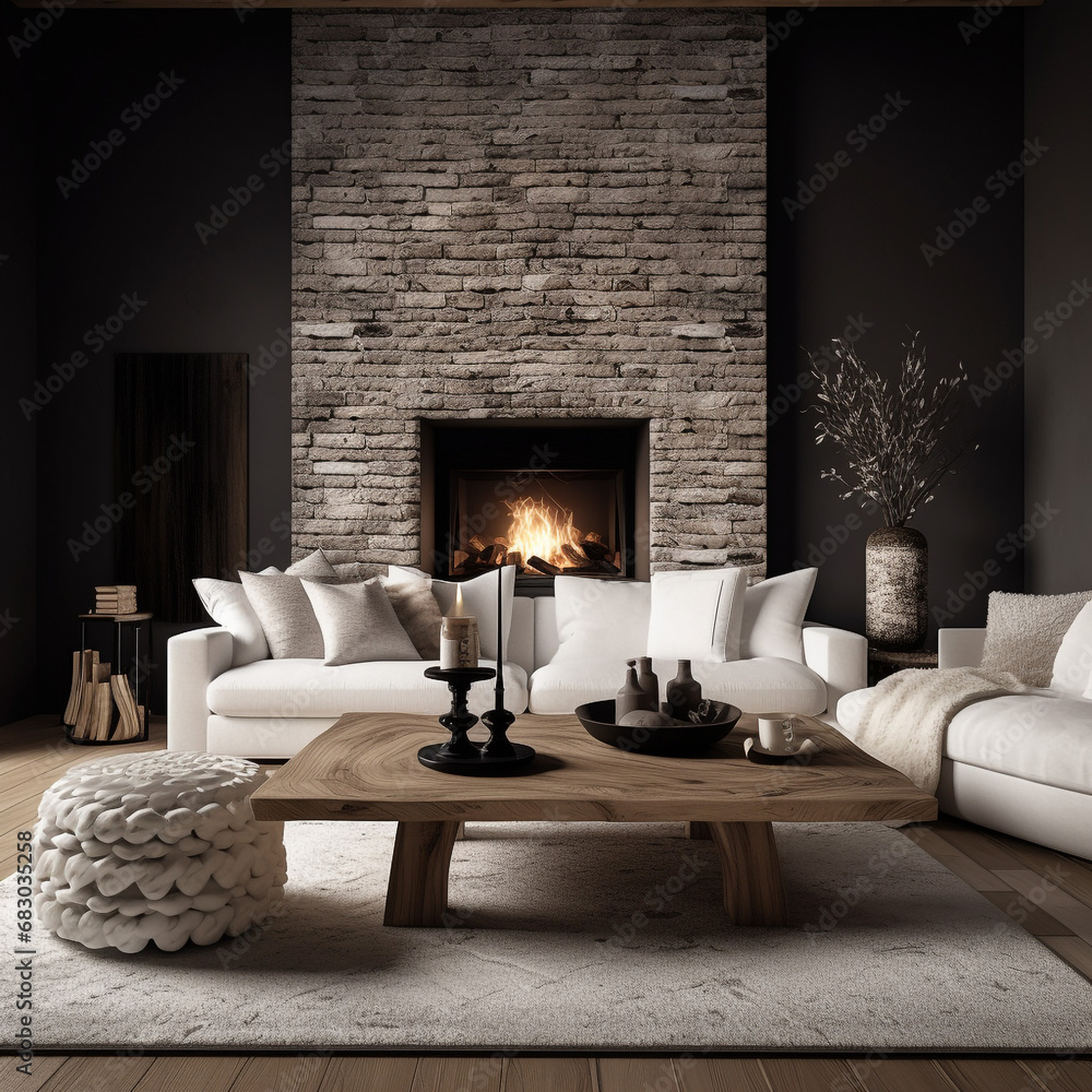 Fototapeta premium French interior for a modern room. A table made of wooden slabs next to a white corner sofa with fur pillows. A fireplace with a fire burning in it. Modern direction in design.